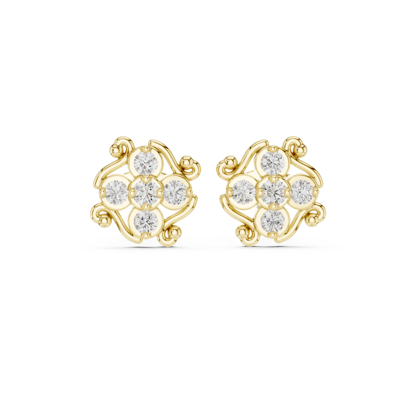 Pair-Shot: Round Diamond Earrings with Floral Setting in 14k Yellow Gold - Lab Grown - Driona Jewels