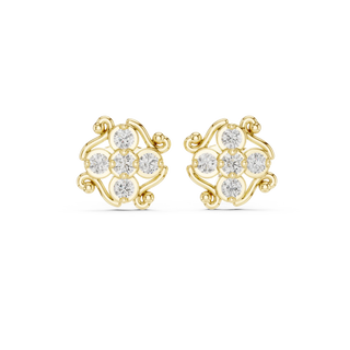 Pair-Shot: Round Diamond Earrings with Floral Setting in 14k Yellow Gold - Lab Grown - Driona Jewels