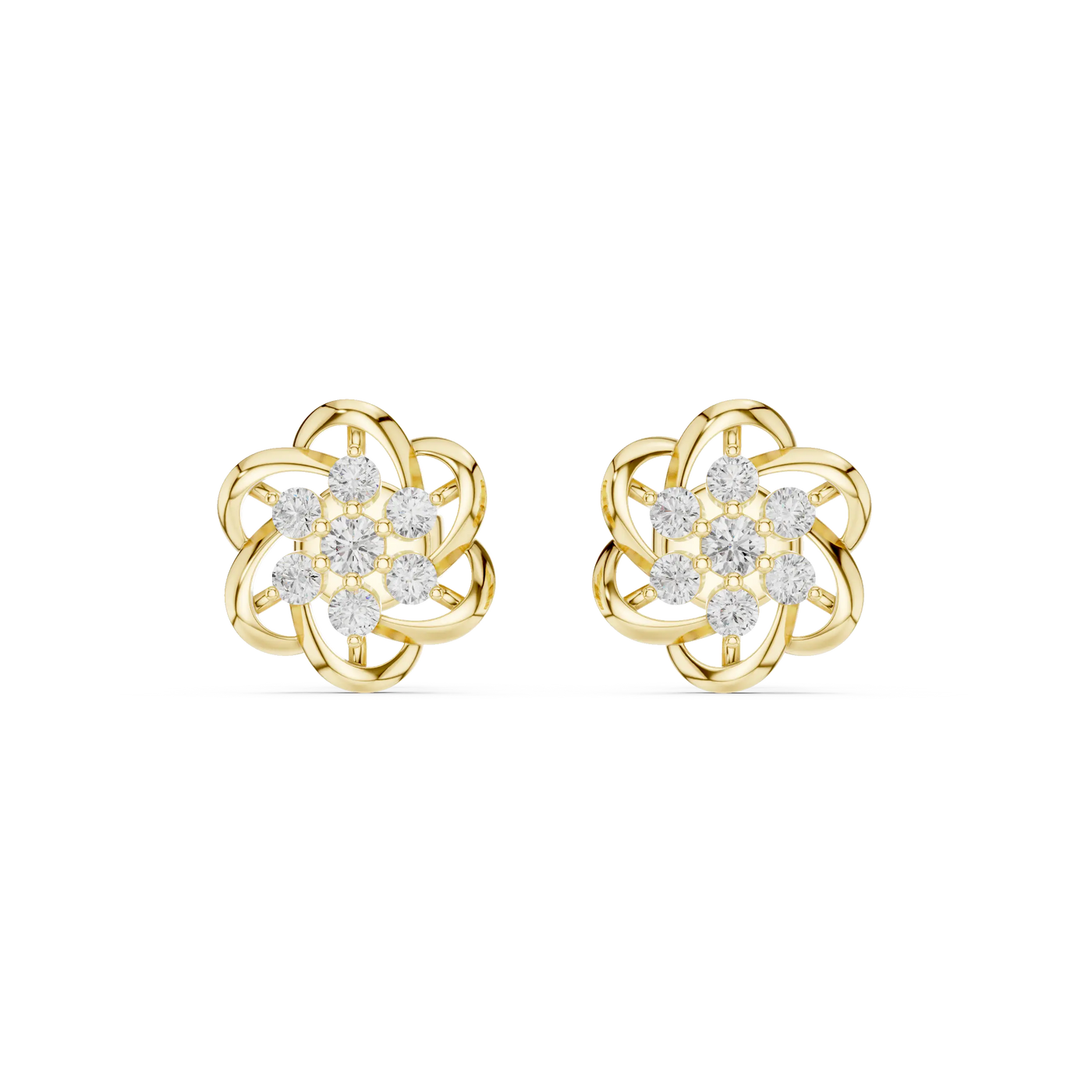Pair-Shot: Round Diamond Earrings with Floral Setting in 14k Yellow Gold - Lab Grown - Driona Jewels