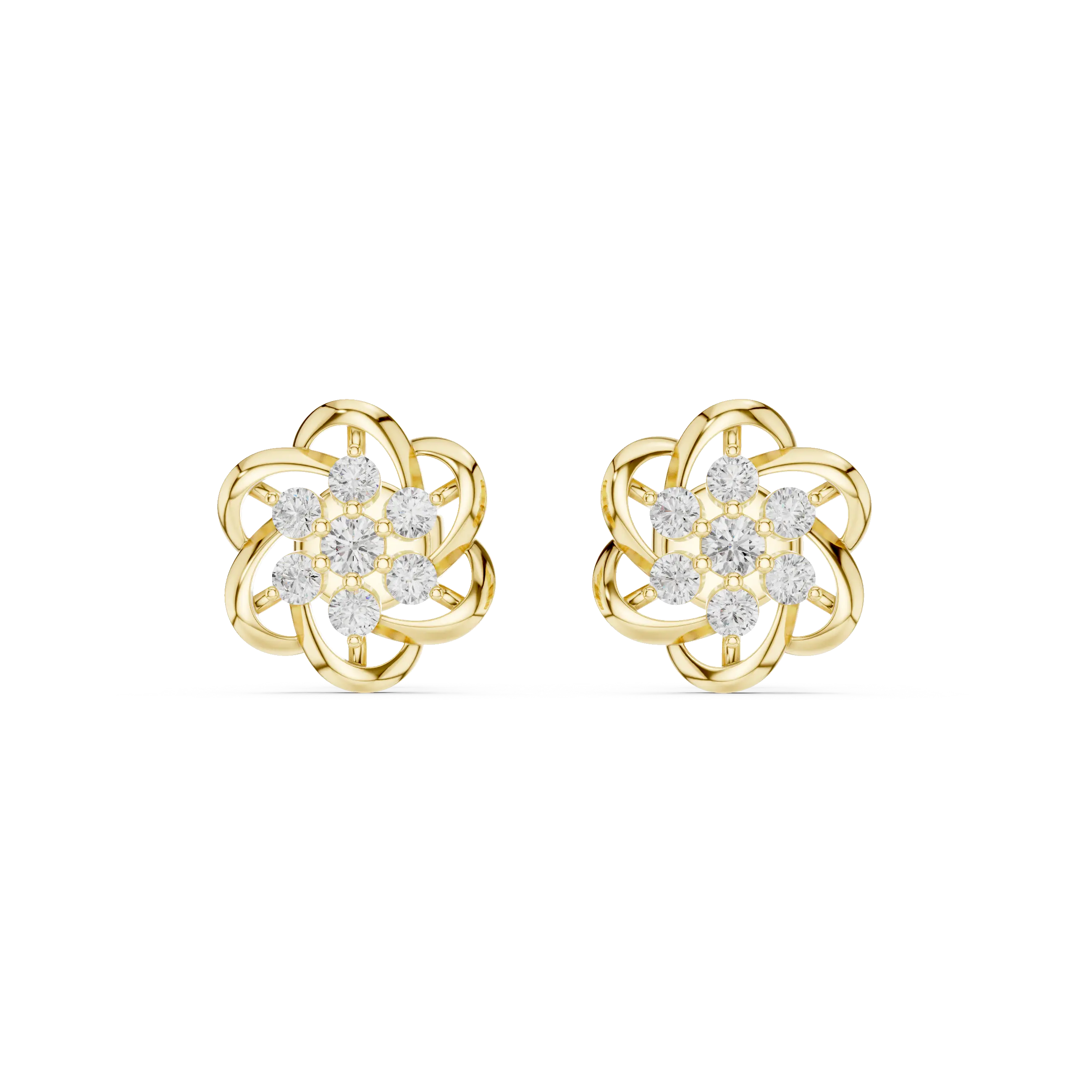Pair-Shot: Round Diamond Earrings with Floral Setting in 14k Yellow Gold - Lab Grown - Driona Jewels