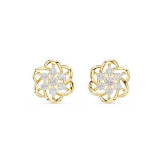 Pair-Shot: Round Diamond Earrings with Floral Setting in 14k Yellow Gold - Lab Grown - Driona Jewels