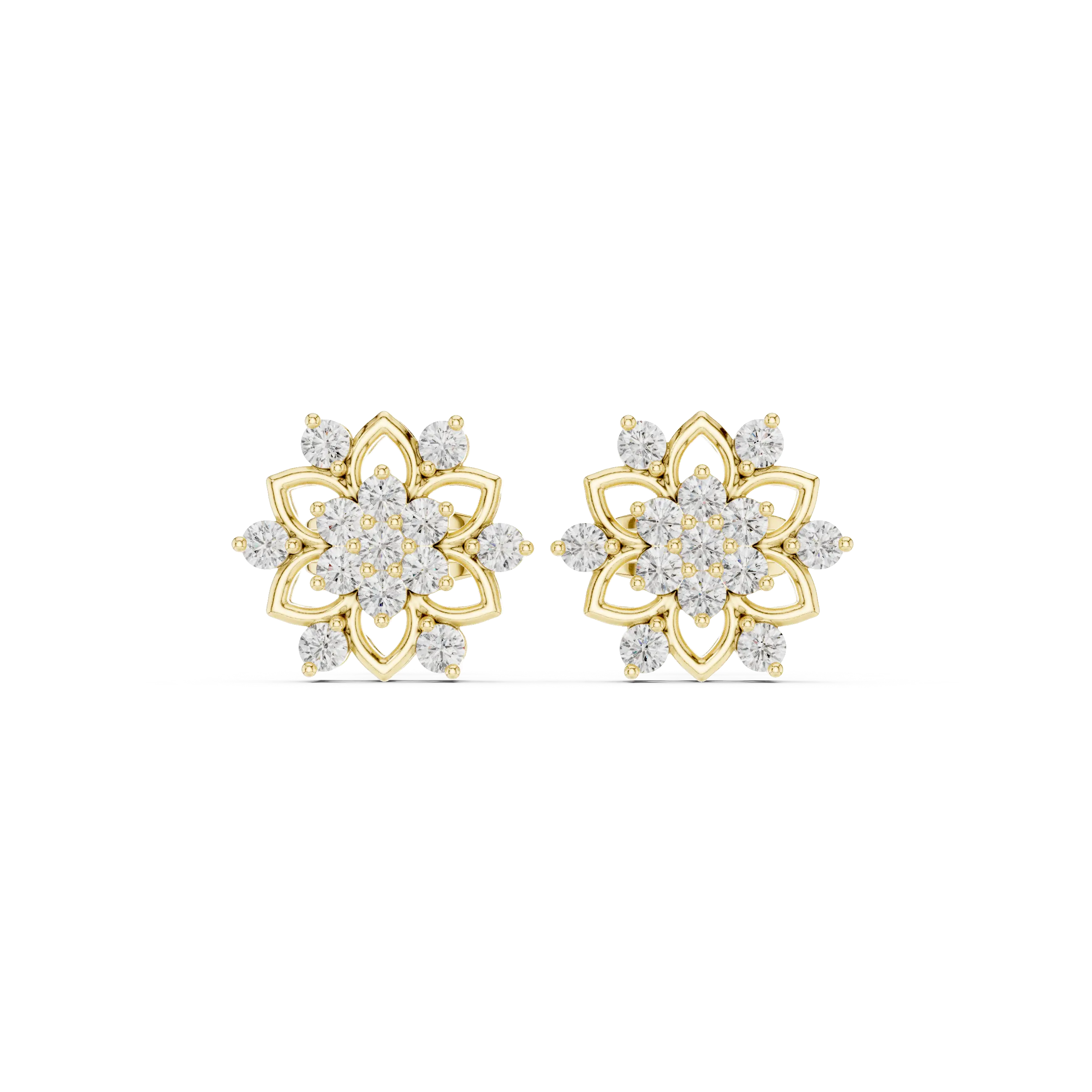 Pair Shot: Round Diamond Earrings with Floral Setting in 14k Yellow Gold - Lab Grown - Driona Jewels