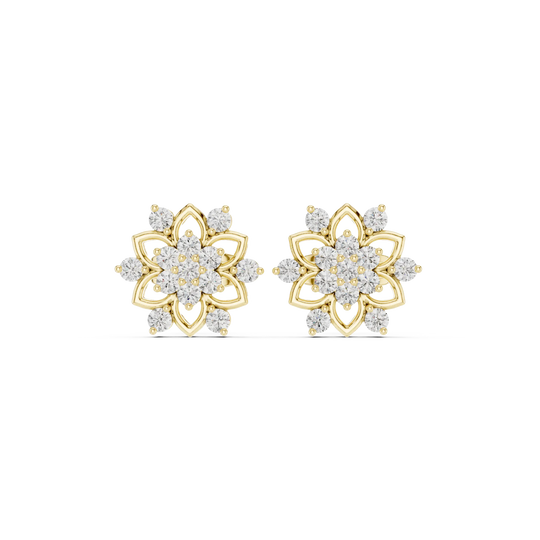 Pair Shot: Round Diamond Earrings with Floral Setting in 14k Yellow Gold - Lab Grown - Driona Jewels