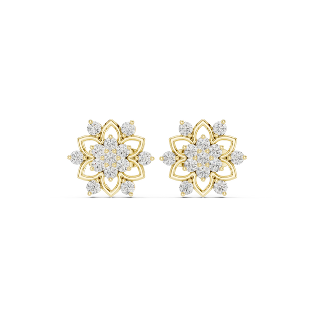 Pair Shot: Round Diamond Earrings with Floral Setting in 14k Yellow Gold - Lab Grown - Driona Jewels