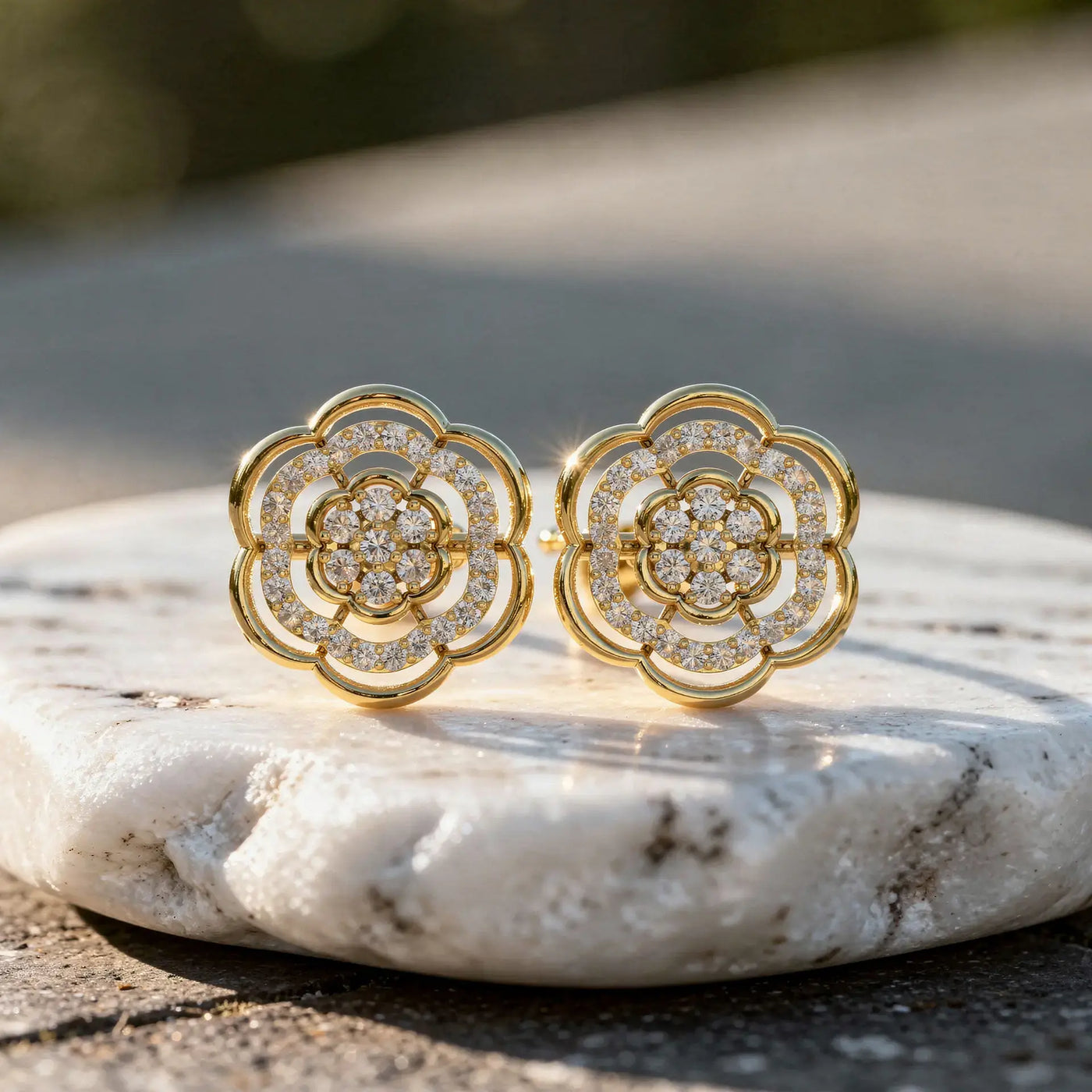 Pair Shot: Round Diamond Earrings with Floral Setting in 14k Yellow Gold - Lab Grown - Driona Jewels