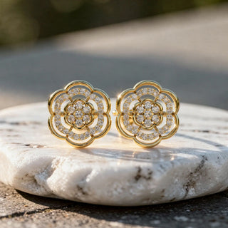 Pair Shot: Round Diamond Earrings with Floral Setting in 14k Yellow Gold - Lab Grown - Driona Jewels