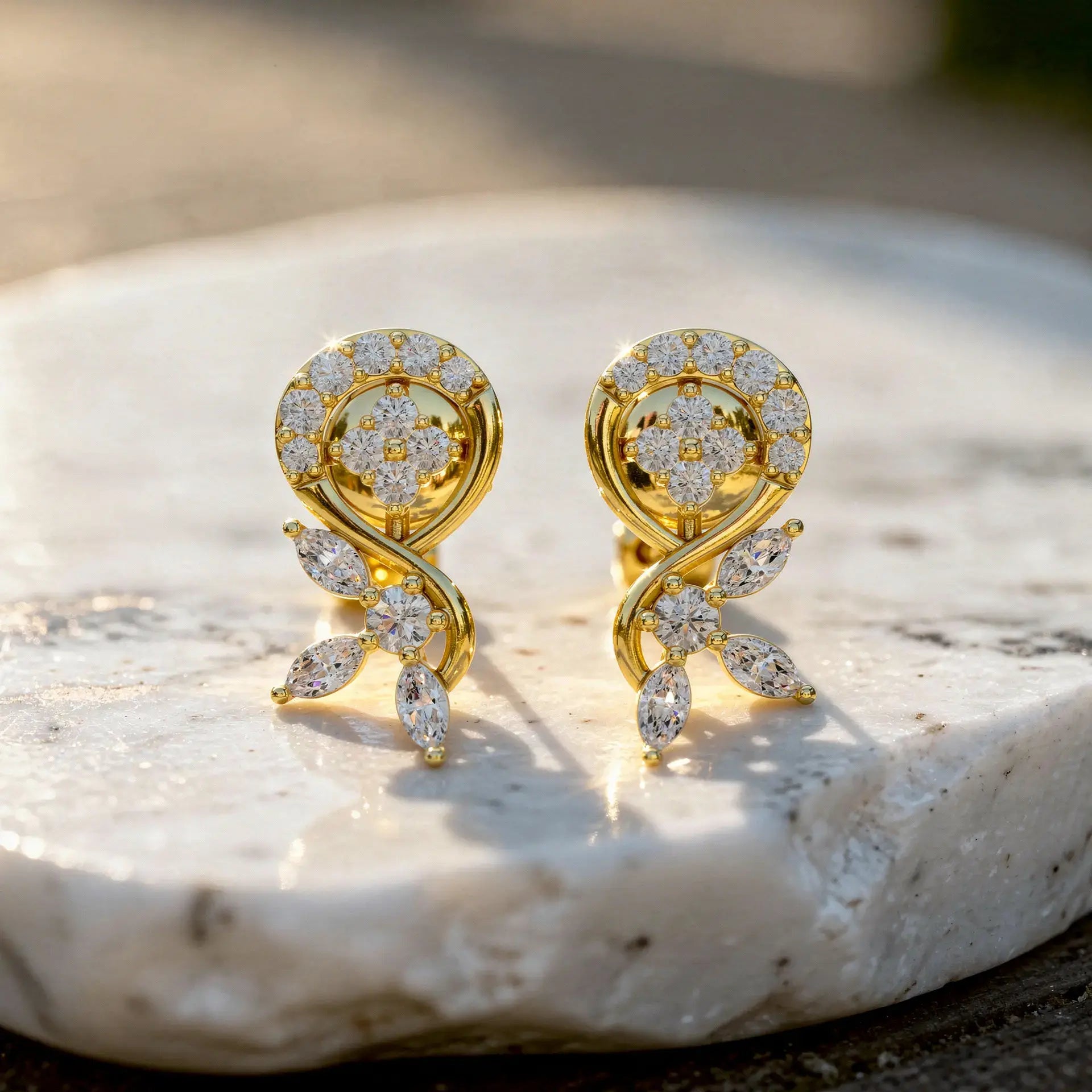 Pair-Shot: Round Diamond Earrings with Floral Setting in 14k Yellow Gold - Lab Grown - Driona Jewels