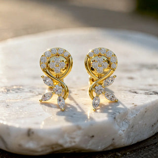 Pair-Shot: Round Diamond Earrings with Floral Setting in 14k Yellow Gold - Lab Grown - Driona Jewels