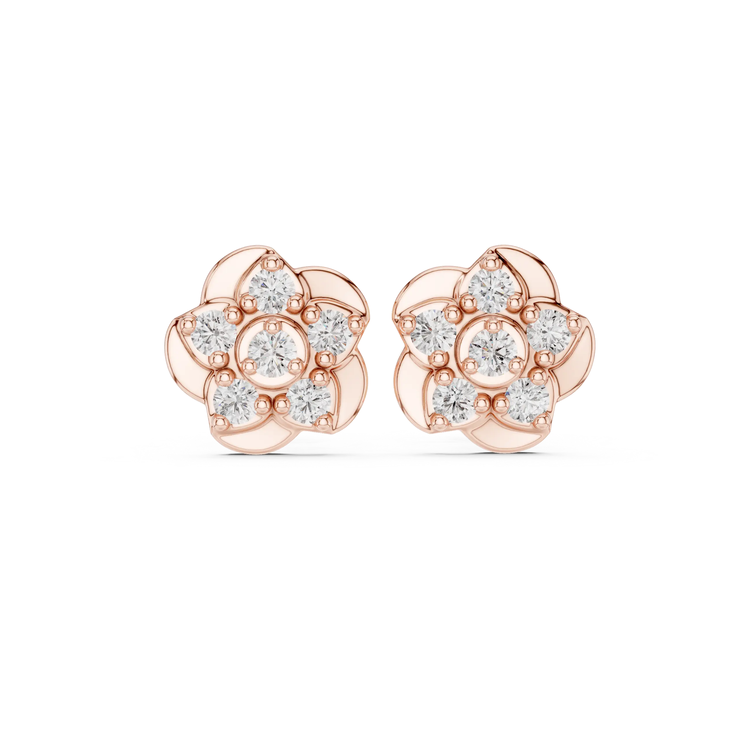 Pair Shot: Round Diamond Earrings with Flower Setting in 14k Rose Gold - Lab Grown - Driona Jewels