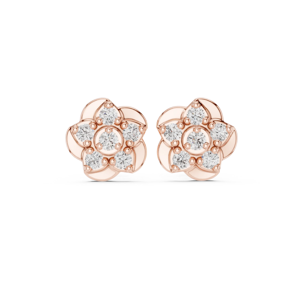 Pair Shot: Round Diamond Earrings with Flower Setting in 14k Rose Gold - Lab Grown - Driona Jewels