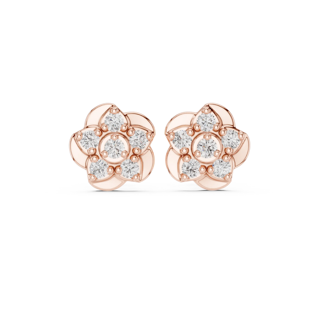 Pair Shot: Round Diamond Earrings with Flower Setting in 14k Rose Gold - Lab Grown - Driona Jewels