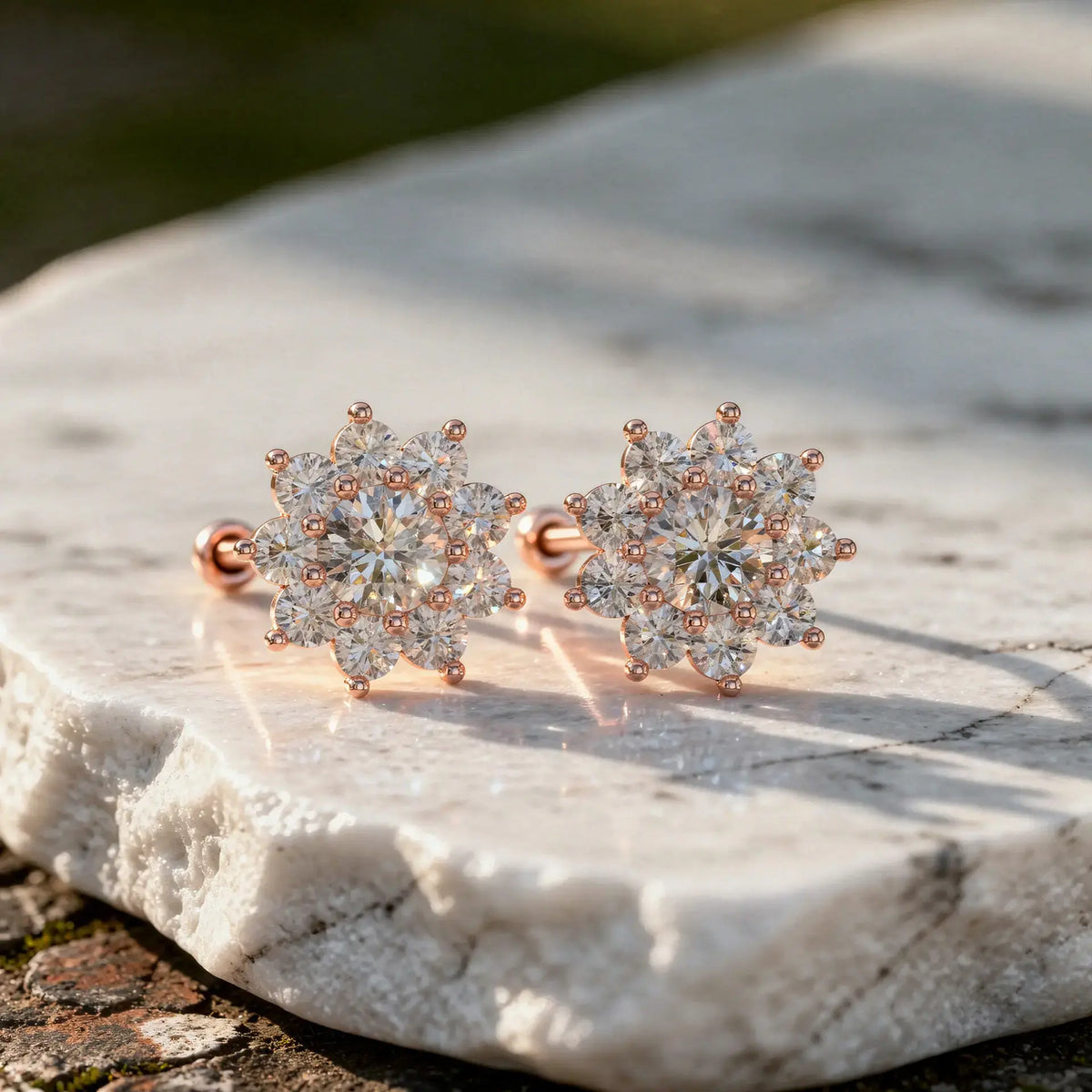 Pair Shot: Round Diamond Earrings with Flower Setting in 14k Rose Gold - Lab Grown - Driona Jewels