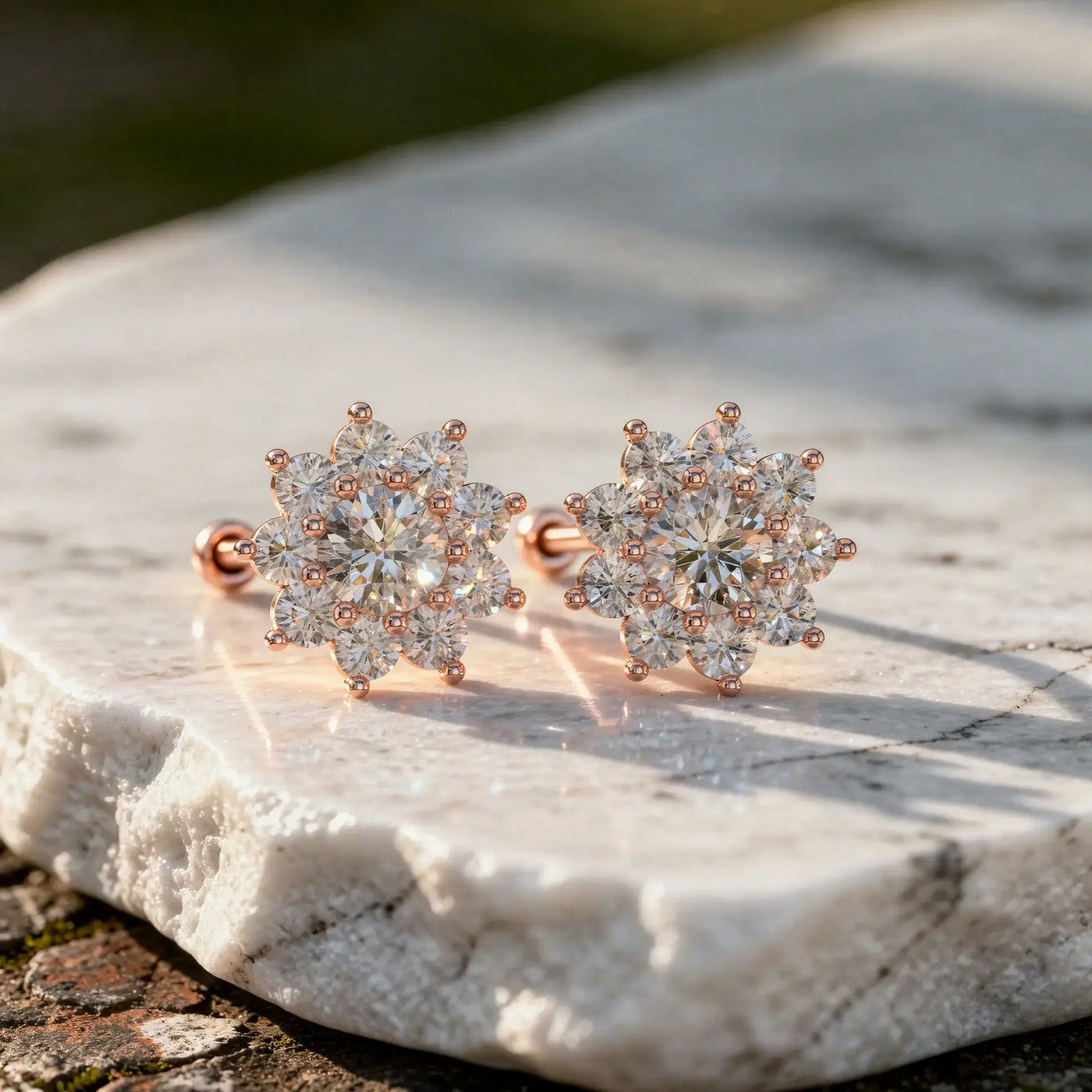 Pair Shot: Round Diamond Earrings with Flower Setting in 14k Rose Gold - Lab Grown - Driona Jewels
