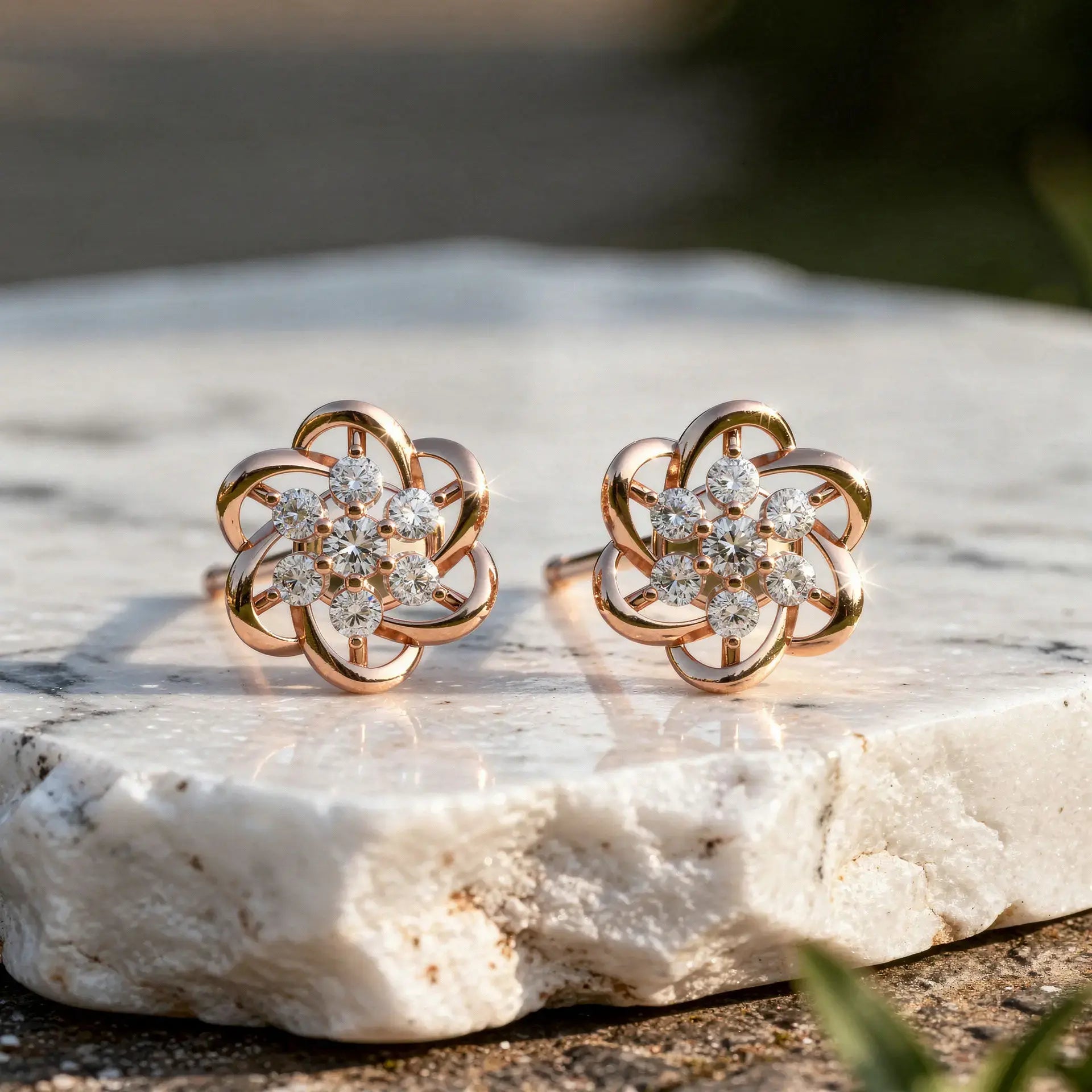 Pair Shot: Round Diamond Earrings with Flower Setting in 14k Rose Gold - Lab Grown - Driona Jewels