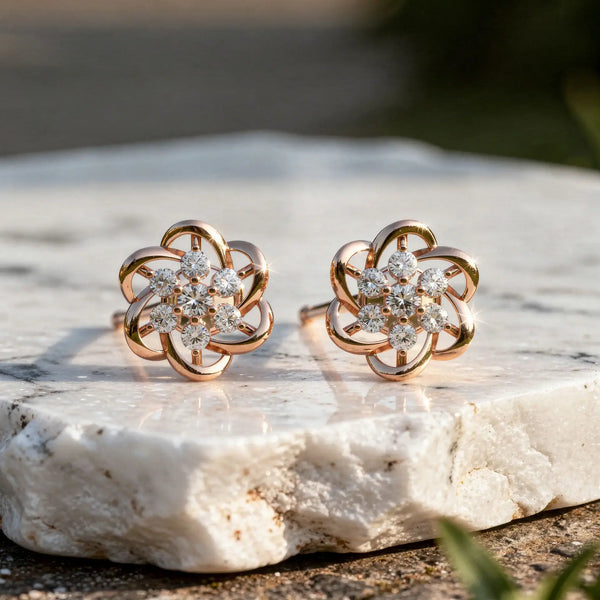 Pair Shot: Round Diamond Earrings with Flower Setting in 14k Rose Gold - Lab Grown - Driona Jewels