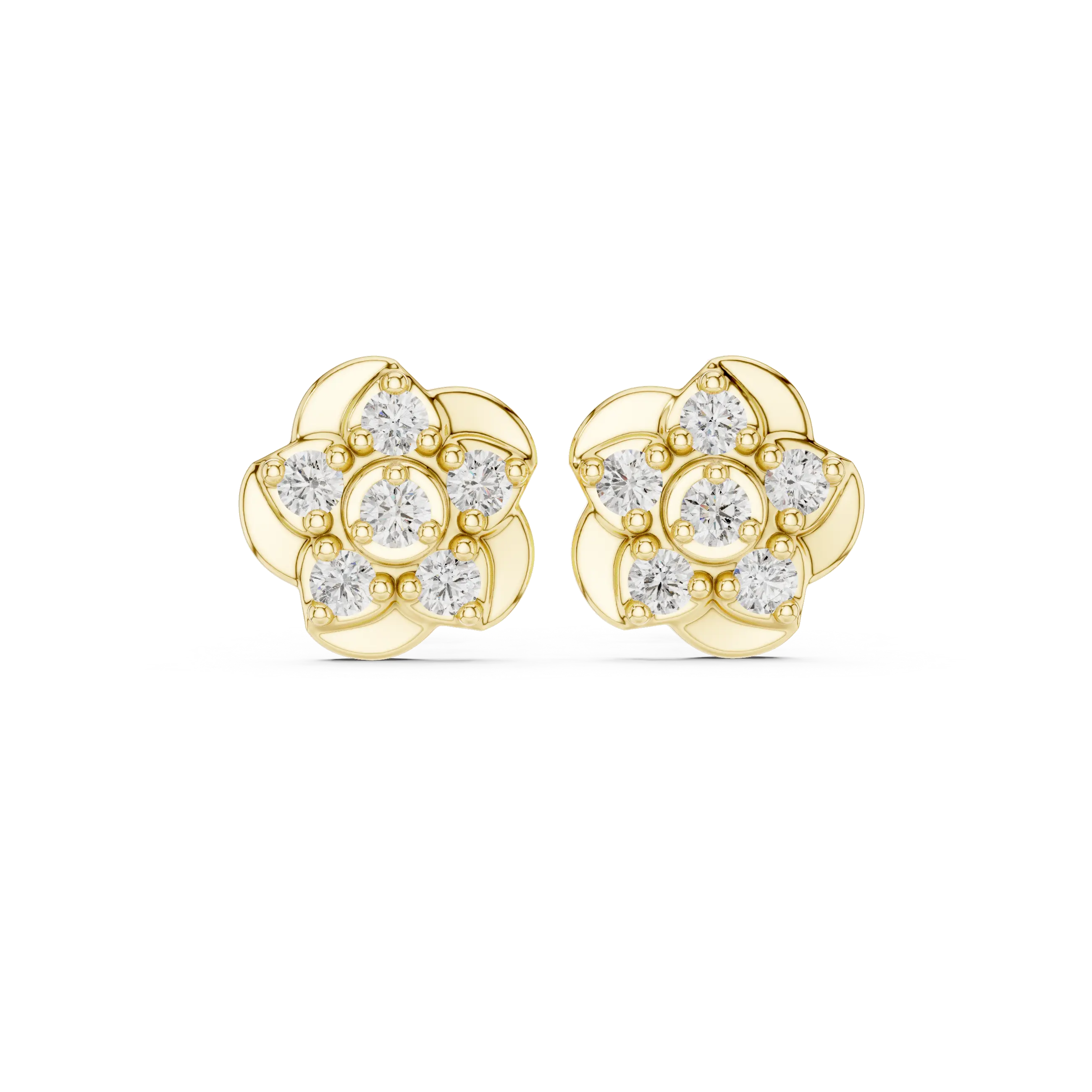Pair Shot: Round Diamond Earrings with Flower Setting in 14k Yellow Gold - Lab Grown - Driona Jewels