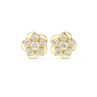 Pair Shot: Round Diamond Earrings with Flower Setting in 14k Yellow Gold - Lab Grown - Driona Jewels