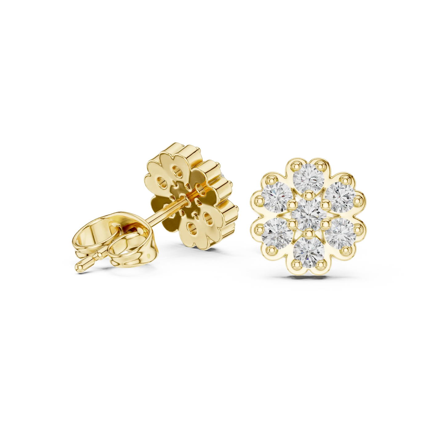Pair-Shot: Round Diamond Earrings with Flower Setting in 14k Yellow Gold - Lab Grown - Driona Jewels