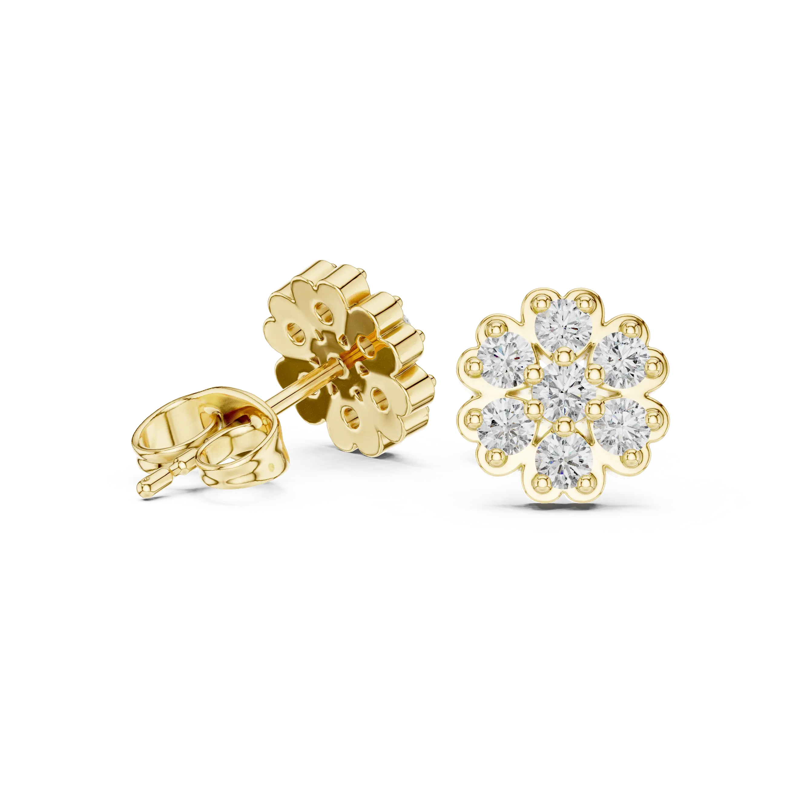 Pair-Shot: Round Diamond Earrings with Flower Setting in 14k Yellow Gold - Lab Grown - Driona Jewels