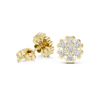 Pair-Shot: Round Diamond Earrings with Flower Setting in 14k Yellow Gold - Lab Grown - Driona Jewels