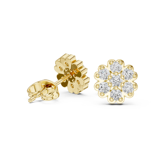 Pair-Shot: Round Diamond Earrings with Flower Setting in 14k Yellow Gold - Lab Grown - Driona Jewels