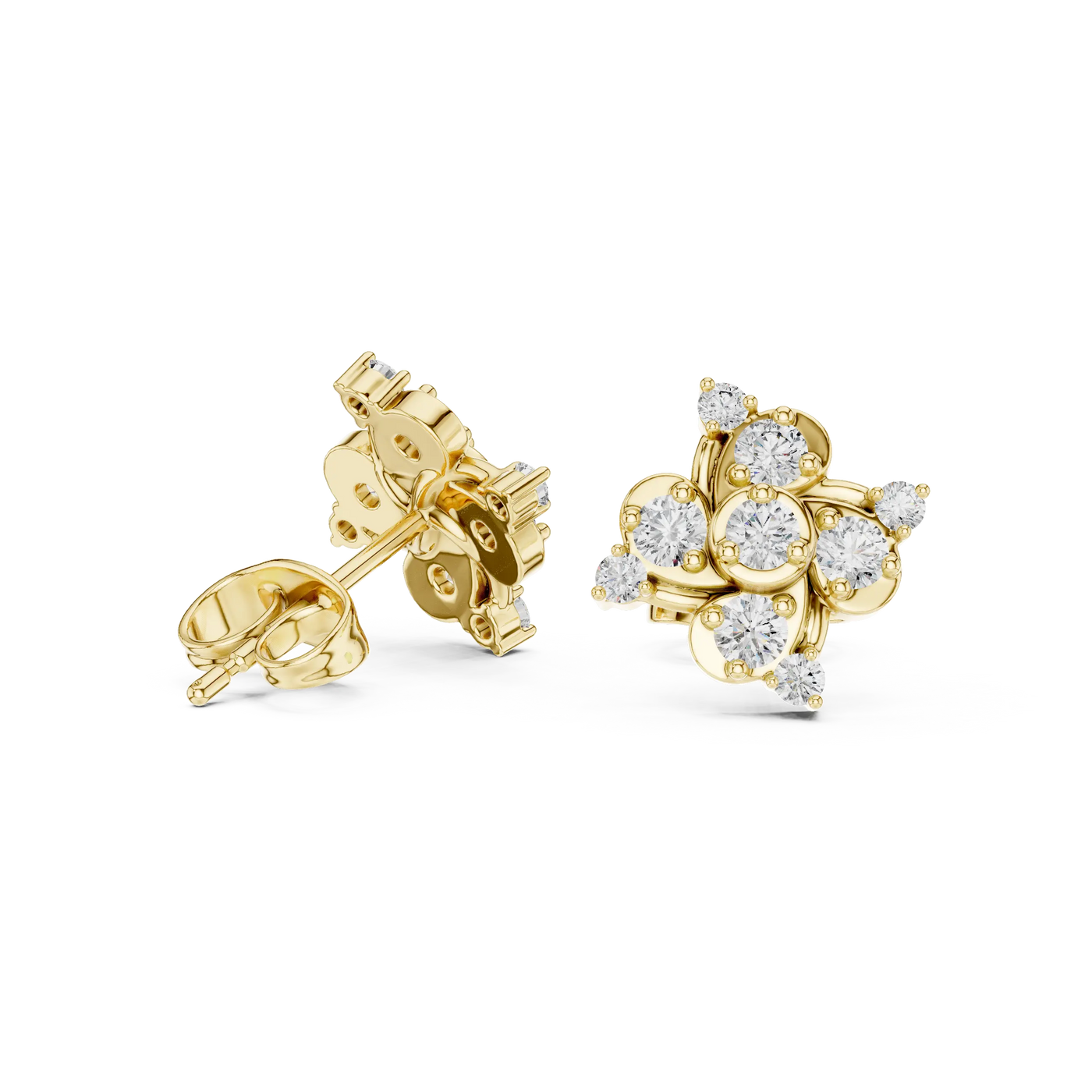 Pair-Shot: Round Diamond Earrings with Flower Setting in 14k Yellow Gold - Lab Grown - Driona Jewels
