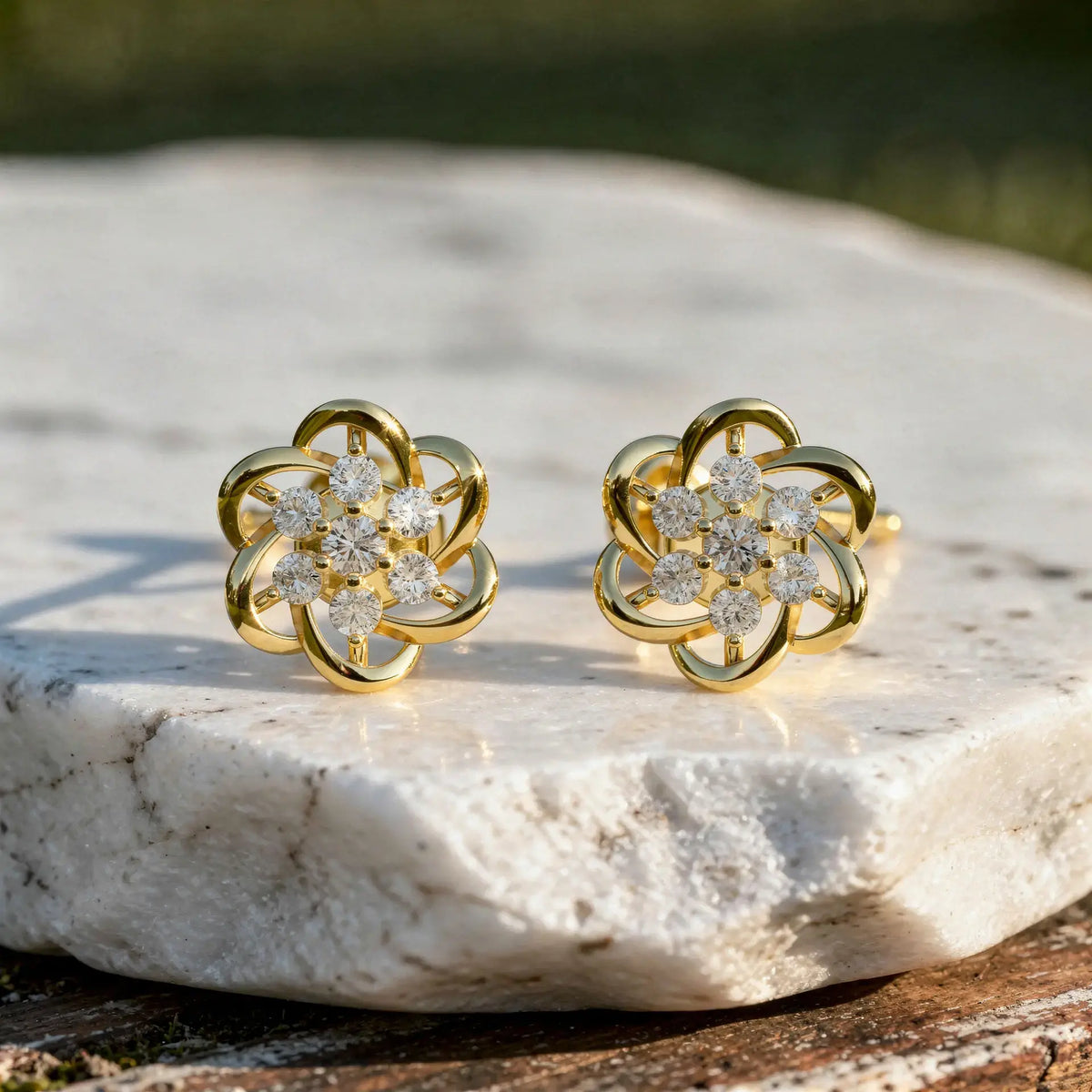 Pair Shot: Round Diamond Earrings with Flower Setting in 14k Yellow Gold - Lab Grown - Driona Jewels