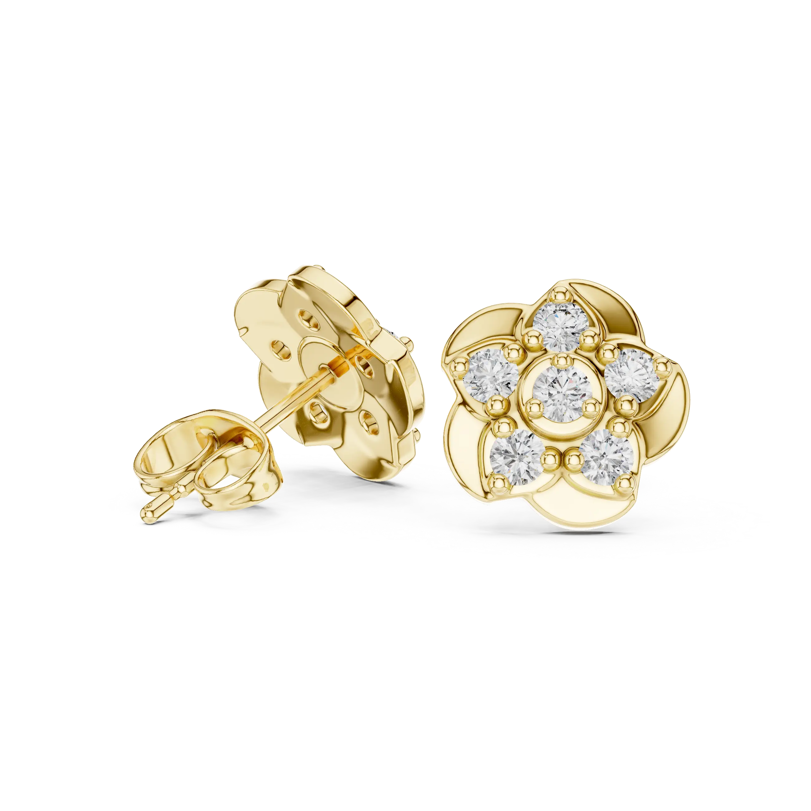 Pair Shot: Round Diamond Earrings with Flower Setting in 14k Yellow Gold - Lab Grown - Driona Jewels