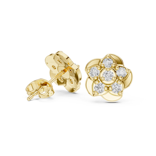 Pair Shot: Round Diamond Earrings with Flower Setting in 14k Yellow Gold - Lab Grown - Driona Jewels