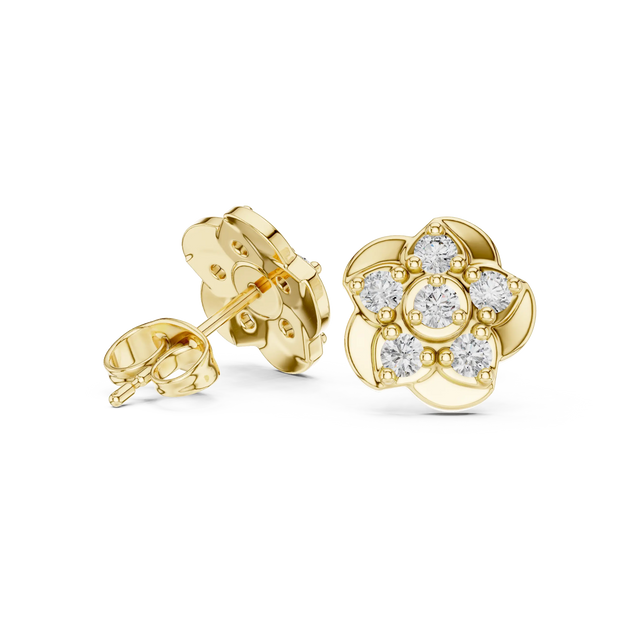 Pair Shot: Round Diamond Earrings with Flower Setting in 14k Yellow Gold - Lab Grown - Driona Jewels