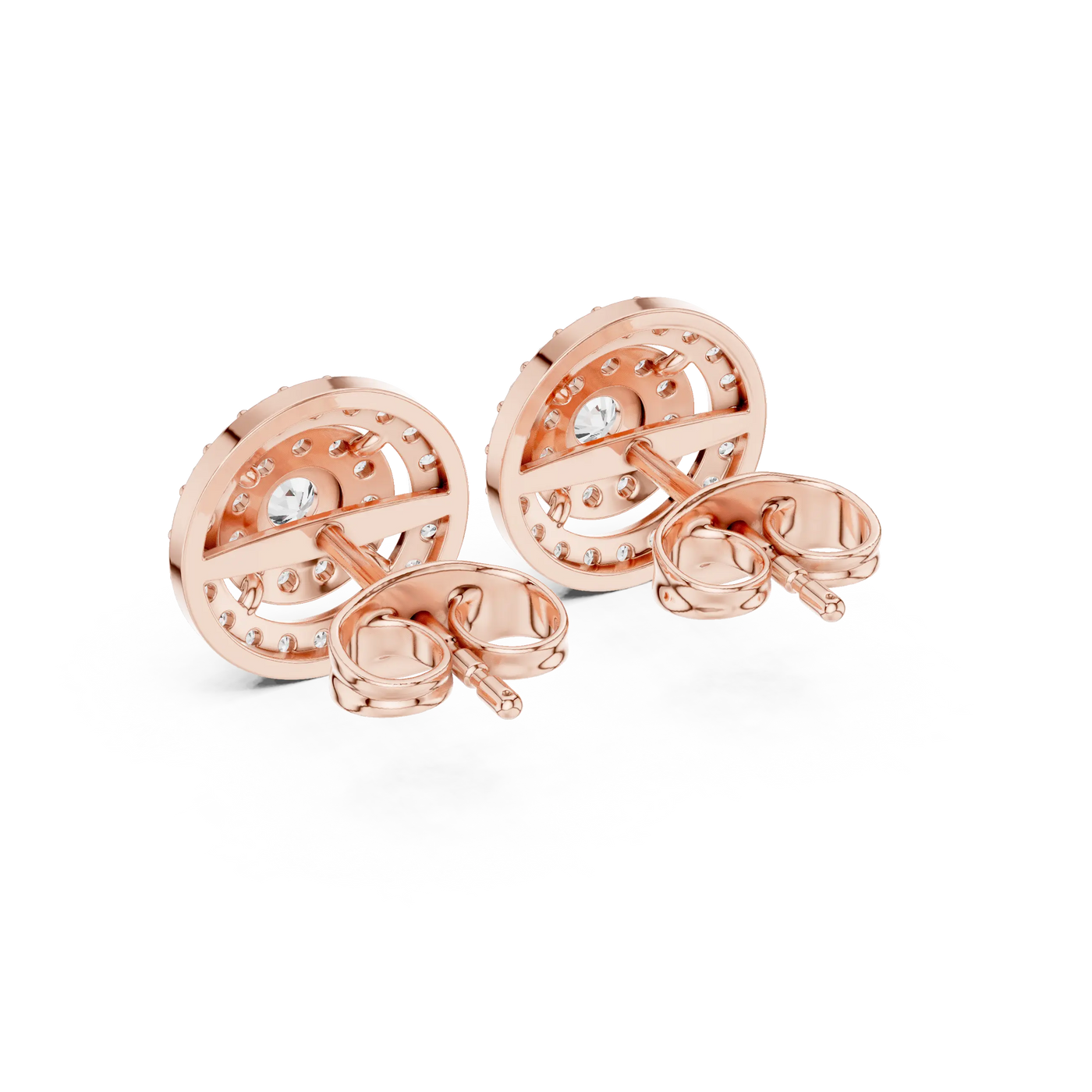 Back-View: Round Diamond Earrings with Halo Setting in 14k Rose Gold - Lab Grown - Driona Jewels