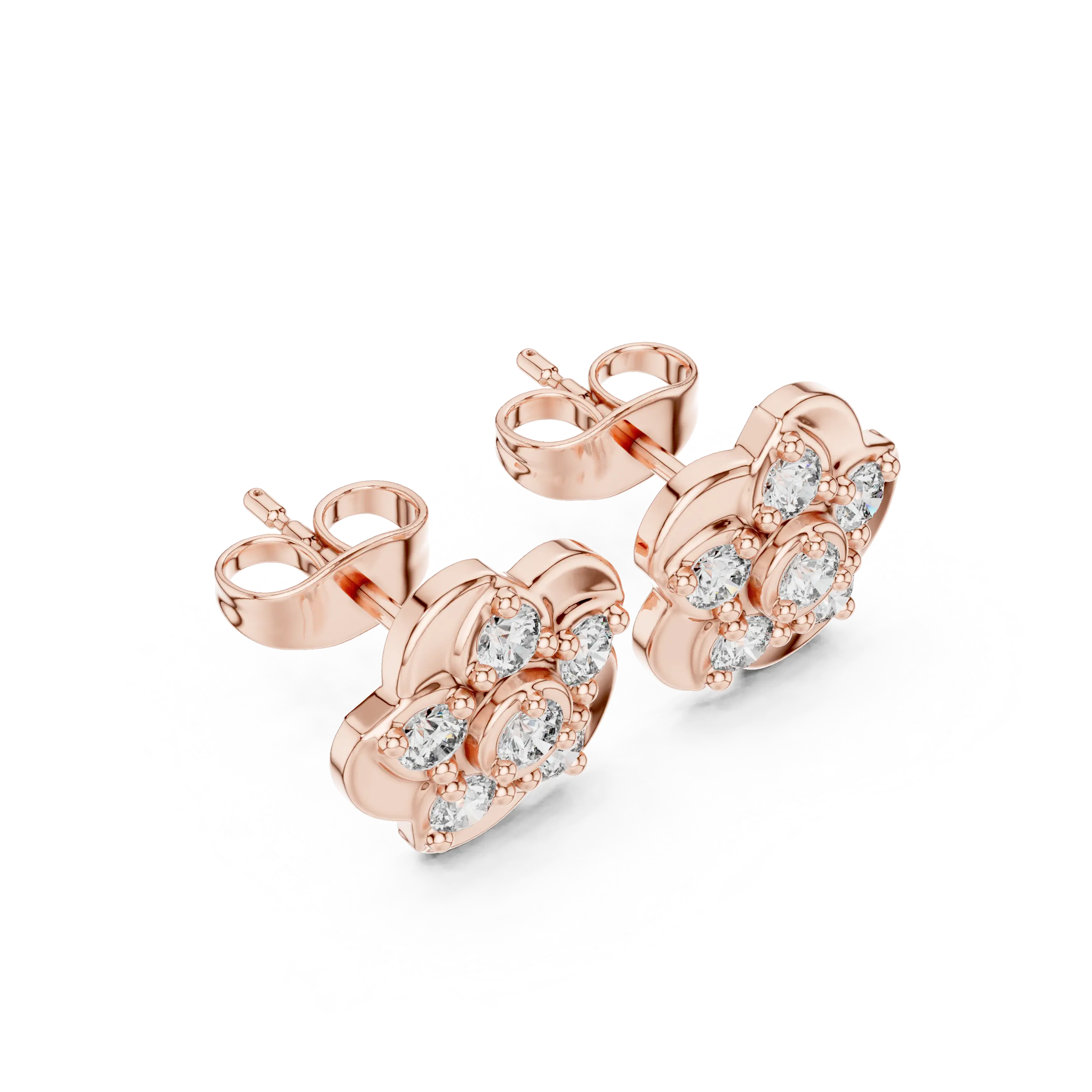 Pair Shot: Round Diamond Earrings with Halo Setting in 14k Rose Gold - Lab Grown - Driona Jewels