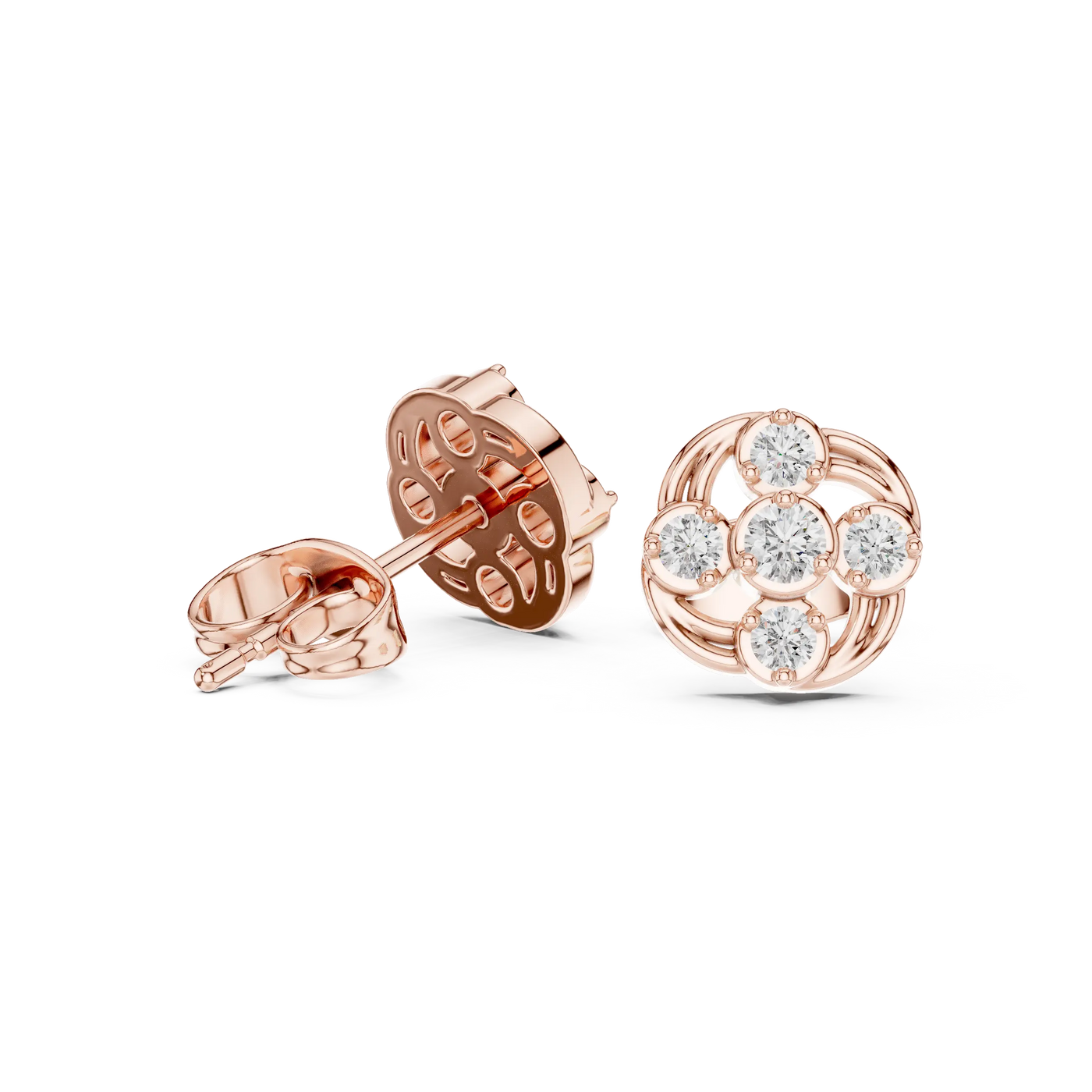 Pair Shot: Round Diamond Earrings with Halo Setting in 14k Rose Gold - Lab Grown - Driona Jewels