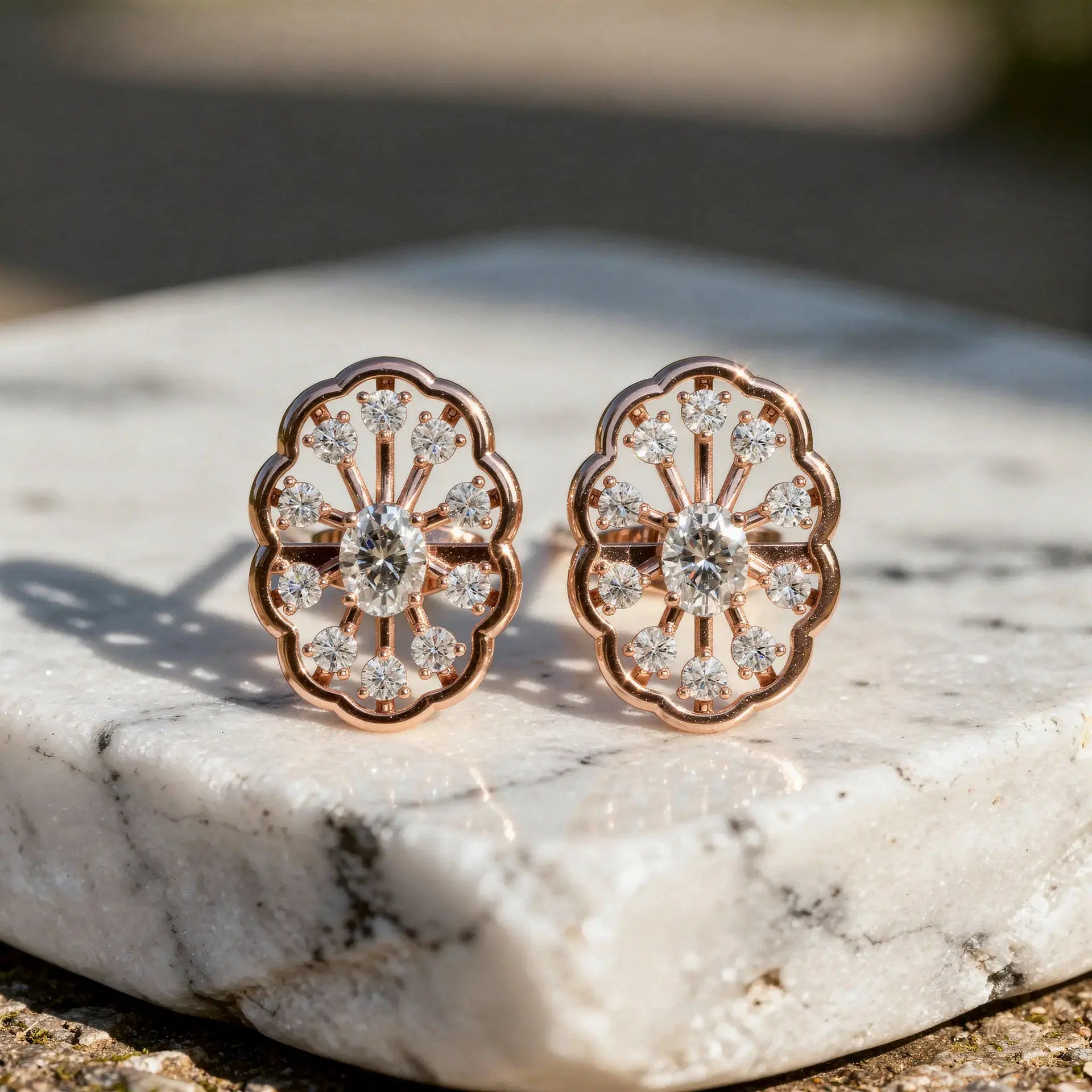 Pair Shot: Round Diamond Earrings with Halo Setting in 14k Rose Gold - Lab Grown - Driona Jewels