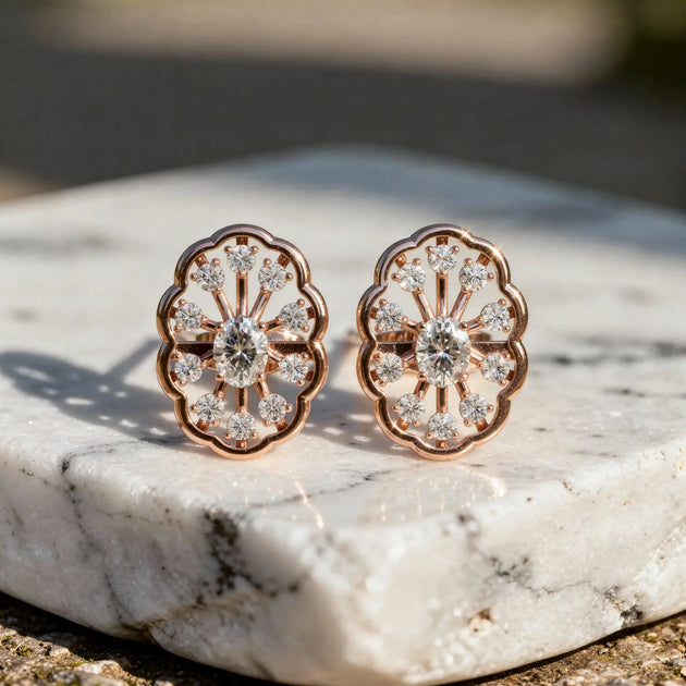 Pair Shot: Round Diamond Earrings with Halo Setting in 14k Rose Gold - Lab Grown - Driona Jewels