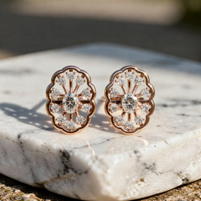Pair Shot: Round Diamond Earrings with Halo Setting in 14k Rose Gold - Lab Grown - Driona Jewels