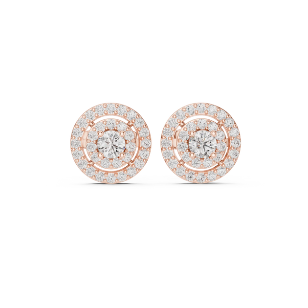 Pair-Shot: Round Diamond Earrings with Halo Setting in 14k Rose Gold - Lab Grown - Driona Jewels