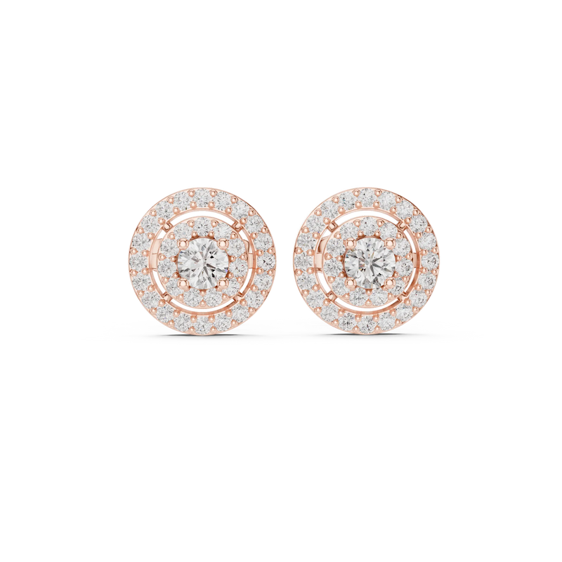 Pair-Shot: Round Diamond Earrings with Halo Setting in 14k Rose Gold - Lab Grown - Driona Jewels