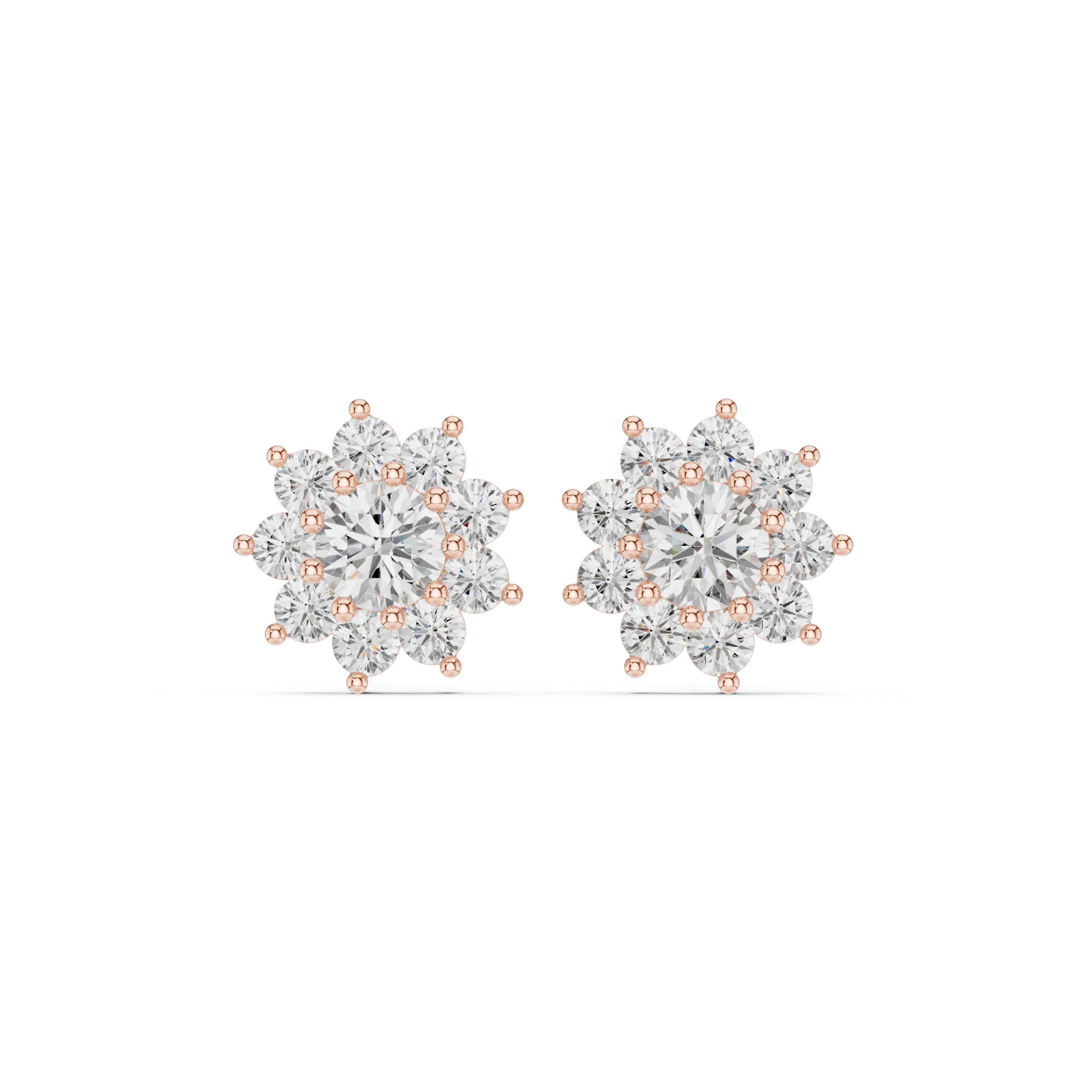 Pair-Shot: Round Diamond Earrings with Halo Setting in 14k Rose Gold - Lab Grown - Driona Jewels