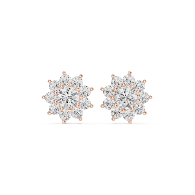 Pair-Shot: Round Diamond Earrings with Halo Setting in 14k Rose Gold - Lab Grown - Driona Jewels