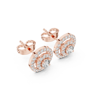 Pair Shot: Round Diamond Earrings with Halo Setting in 14k Rose Gold - Lab Grown - Driona Jewels