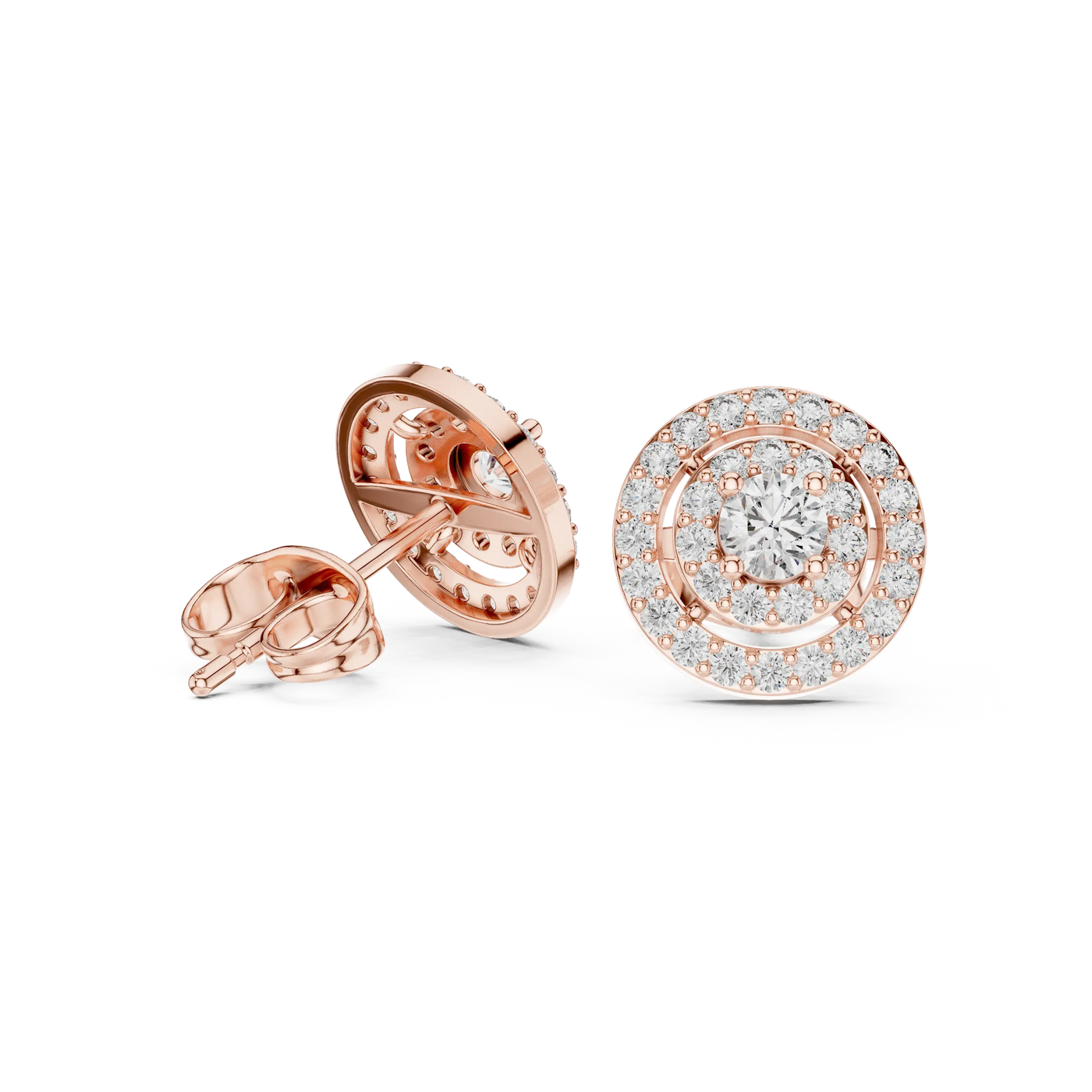 Pair Shot: Round Diamond Earrings with Halo Setting in 14k Rose Gold - Lab Grown - Driona Jewels