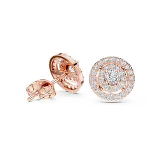 Pair Shot: Round Diamond Earrings with Halo Setting in 14k Rose Gold - Lab Grown - Driona Jewels