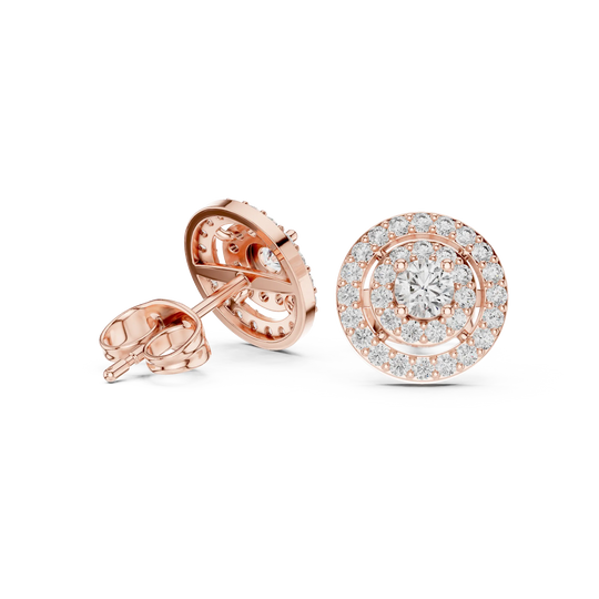 Pair Shot: Round Diamond Earrings with Halo Setting in 14k Rose Gold - Lab Grown - Driona Jewels