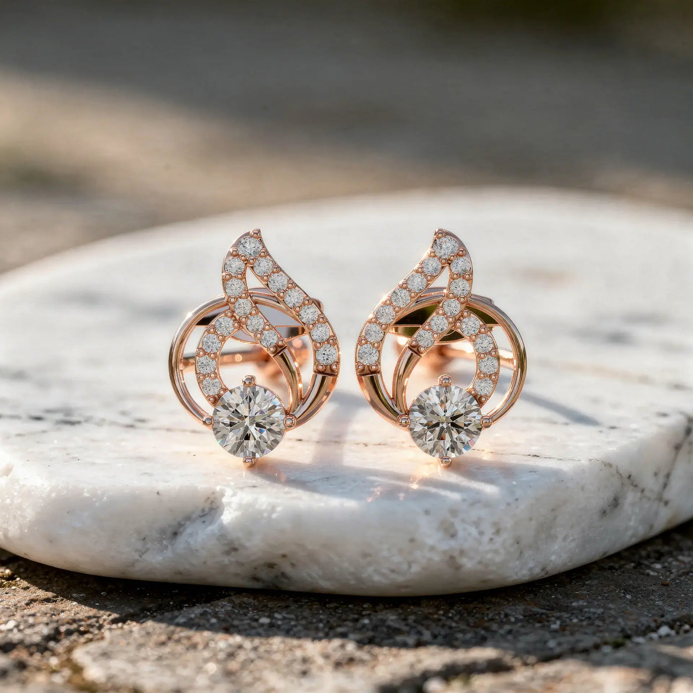 Pair-Shot: Round Diamond Earrings with Halo Setting in 14k Rose Gold - Lab Grown - Driona Jewels