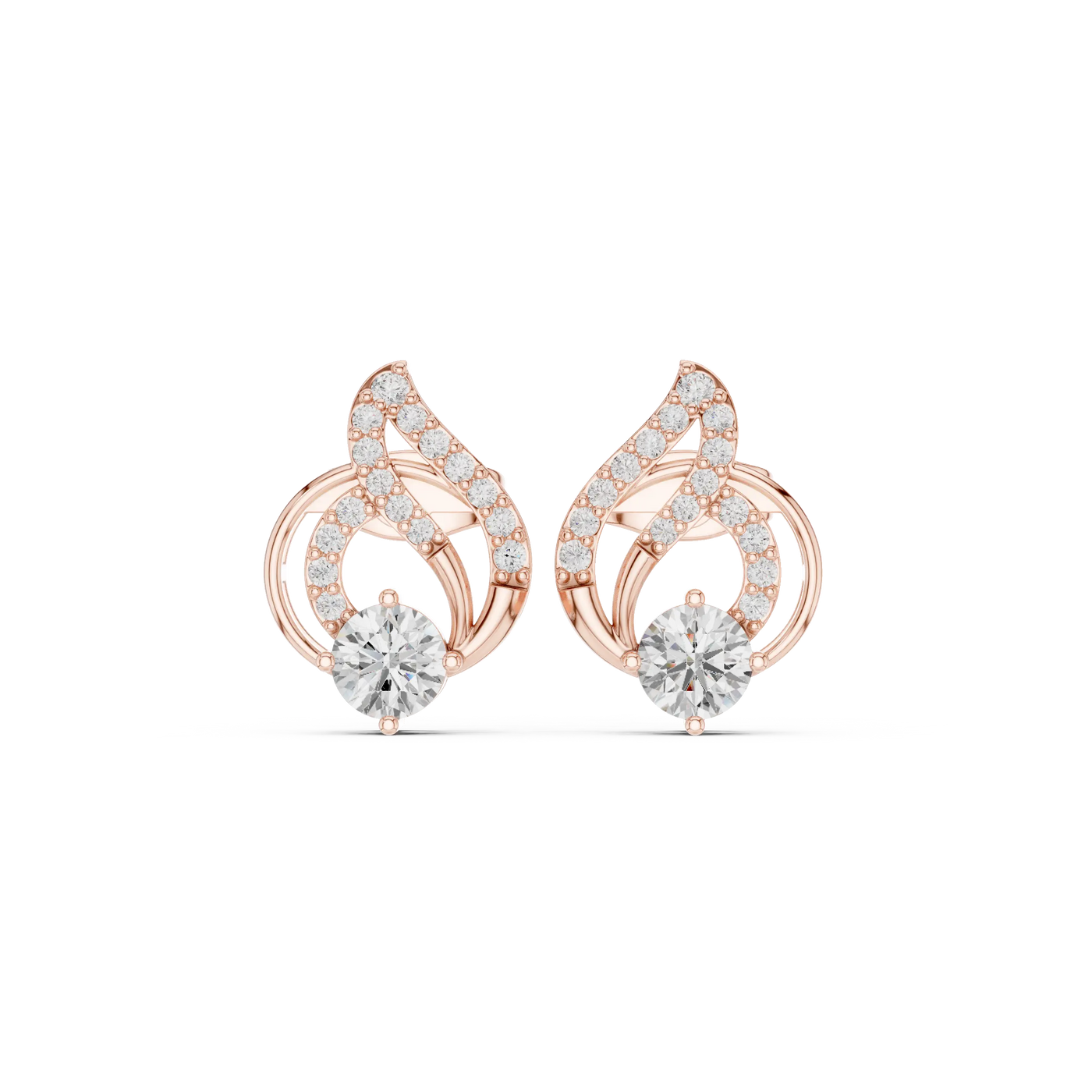 Pair-Shot: Round Diamond Earrings with Halo Setting in 14k Rose Gold - Lab Grown - Driona Jewels