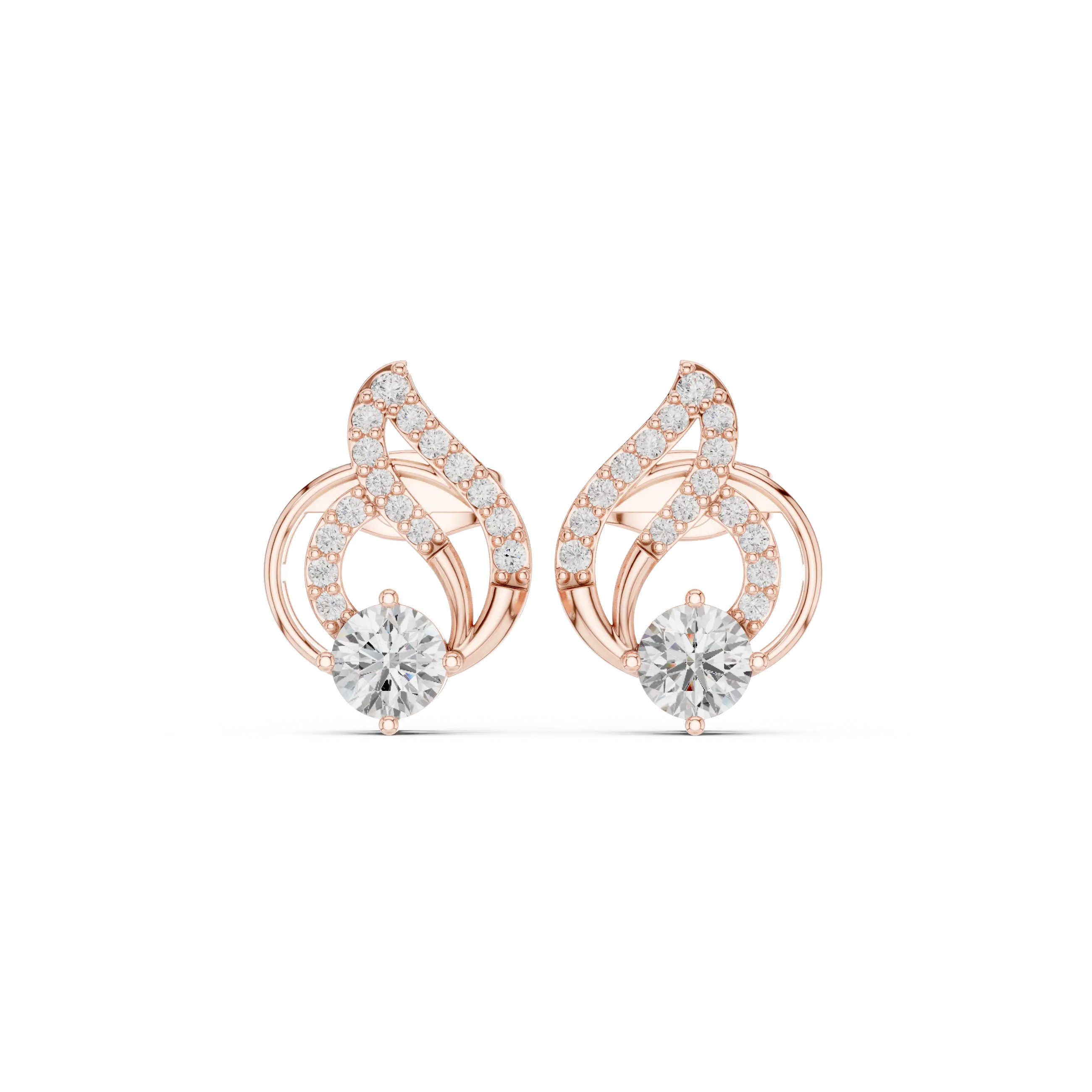 Pair-Shot: Round Diamond Earrings with Halo Setting in 14k Rose Gold - Lab Grown - Driona Jewels