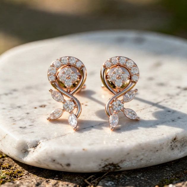 Pair Shot: Round Diamond Earrings with Halo Setting in 14k Rose Gold - Lab Grown - Driona Jewels