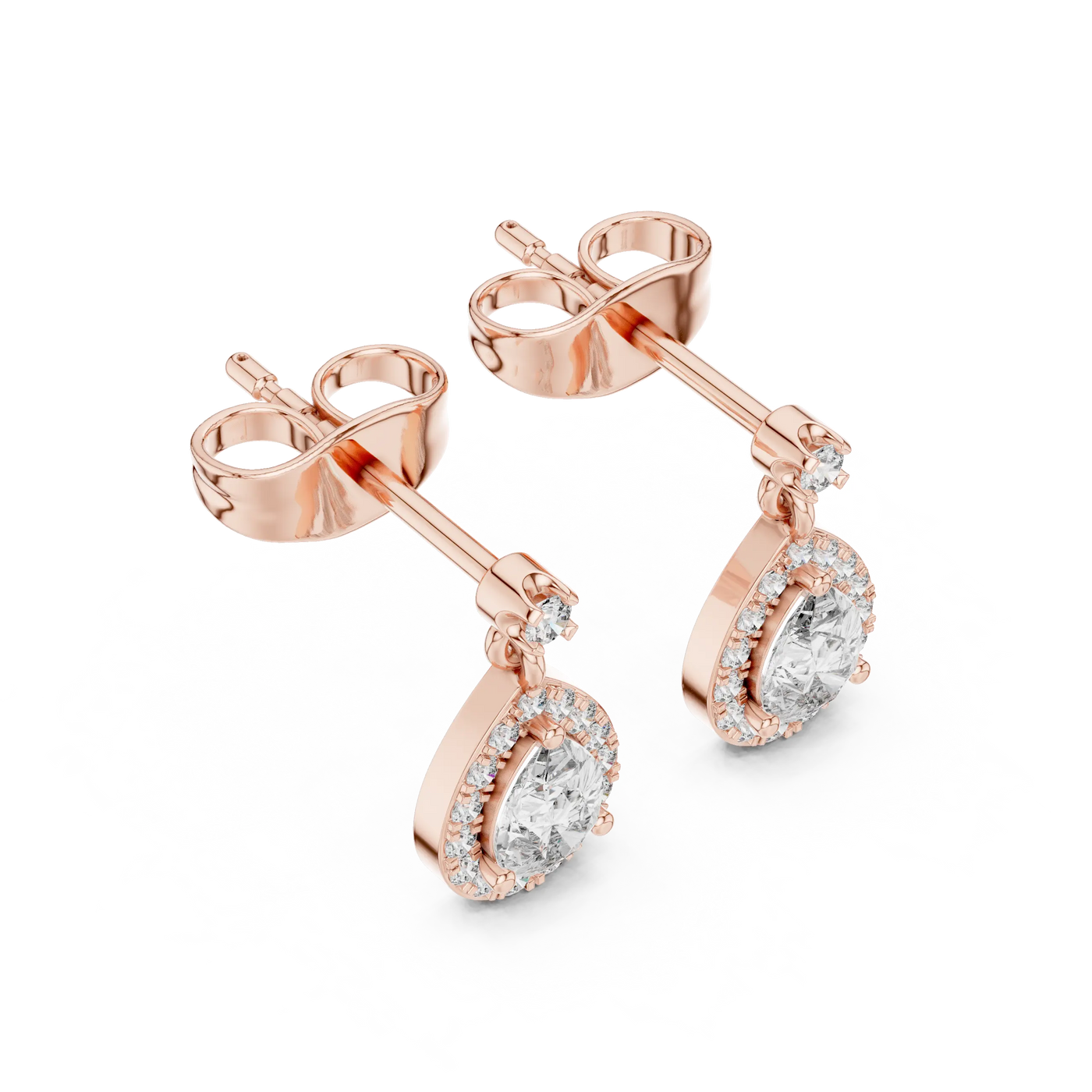 Pair Shot: Round Diamond Earrings with Halo Setting in 14k Rose Gold - Lab Grown - Driona Jewels