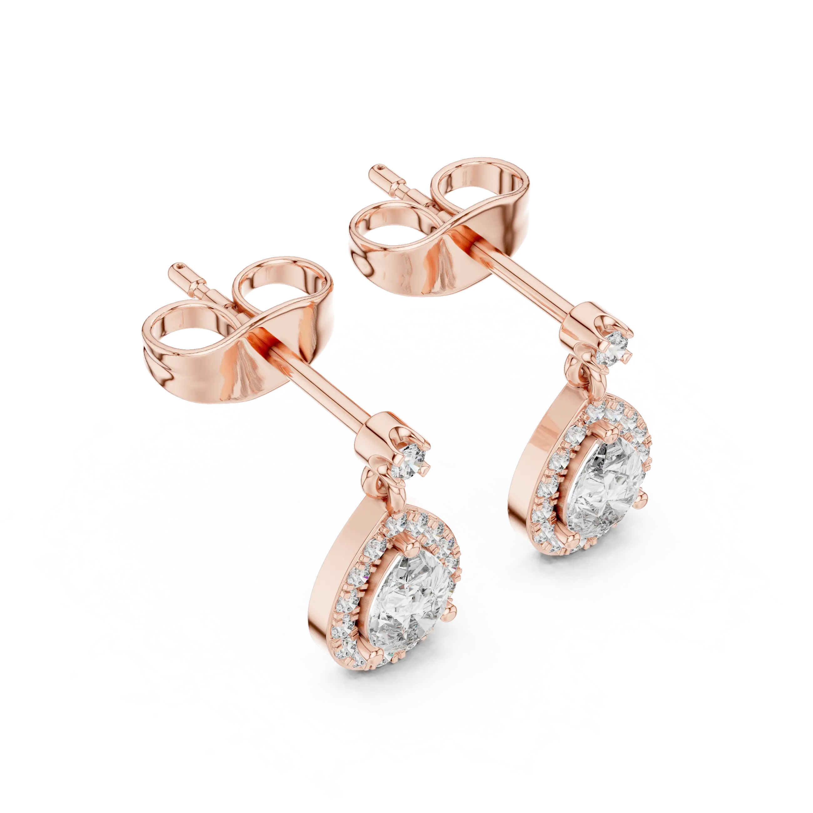 Pair Shot: Round Diamond Earrings with Halo Setting in 14k Rose Gold - Lab Grown - Driona Jewels